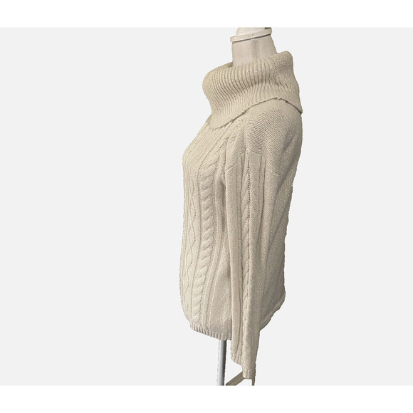 Talbots Alpaca Wool Blend Cable Knit‎ Sweater Sz M Cream Metallic Cowl Neck NOTE - Picture 2 of 9